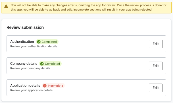 Review submission view with completion statuses shown for each section.