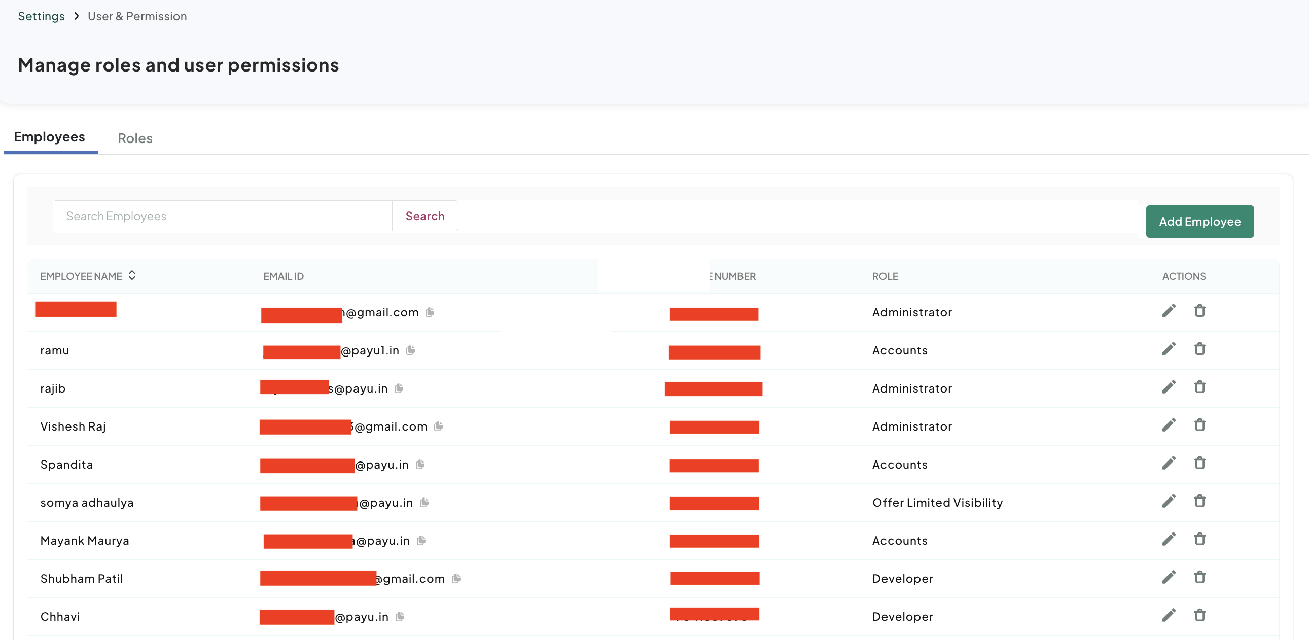 PayU Dashboard - The User & Permissions page is displayed.
