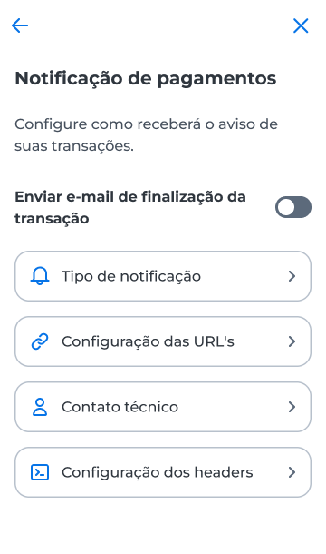 Tela Notificação de pagamentos com o seletor de e-mail e quatro opções de configuração