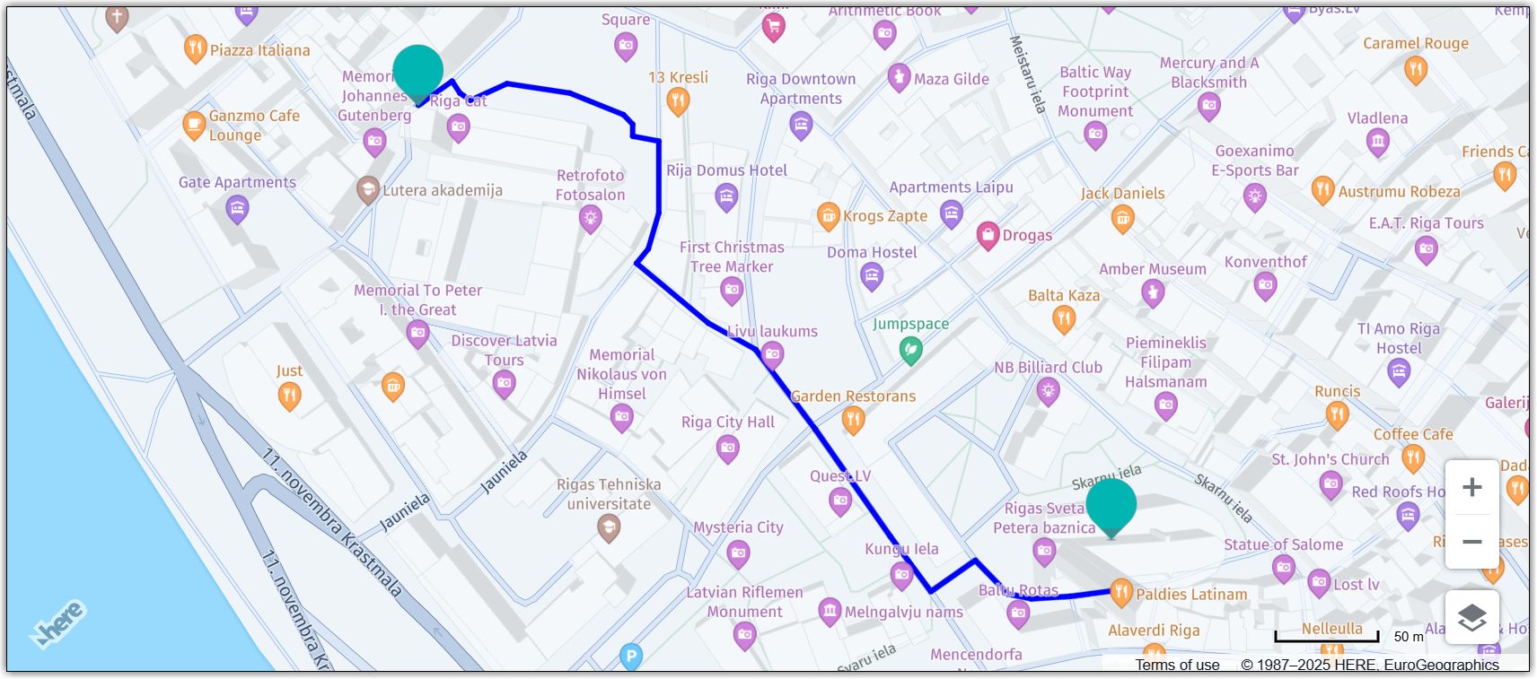 A map showing routing information between geocoded addresses