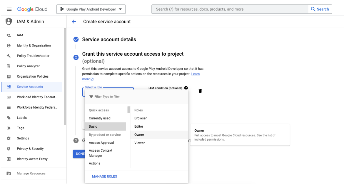Google Cloud Console: Grant this service account access to project