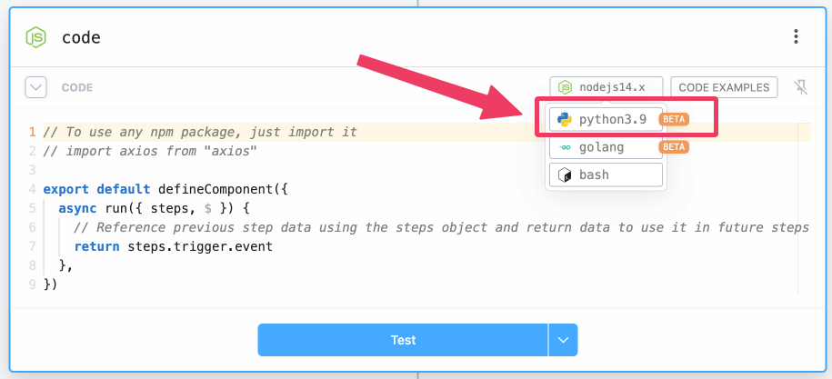 Select "Python" to write Python code blocks