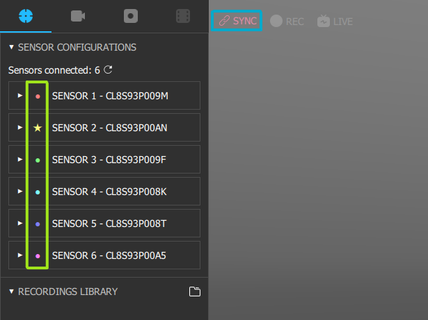 Global synchronization status (blue) is shown with an icon in the 3D Viewport, and sensor synchronization status (green) is shown with an icon next to each sensor in the Sensor Configurations panel.