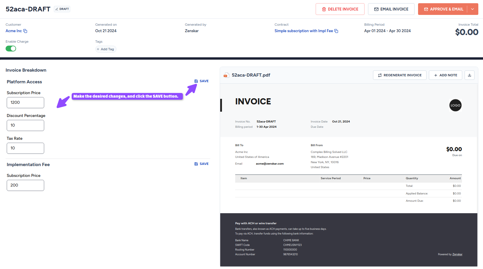 Fig. 3: Editing a draft invoice.