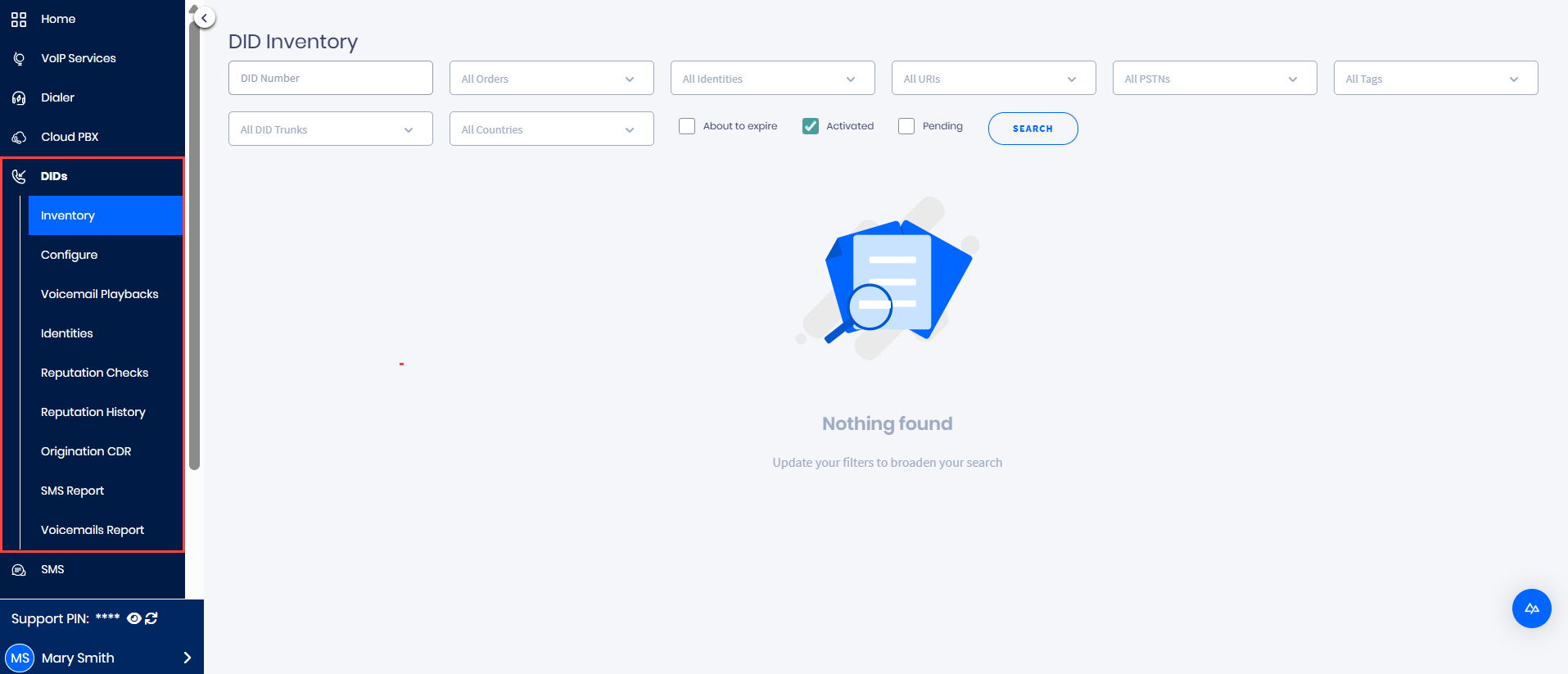 Screenshot of the DIDs tab menu
