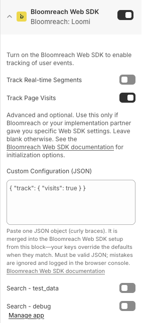 Web SDK configuration panel showing various toggle options and fields