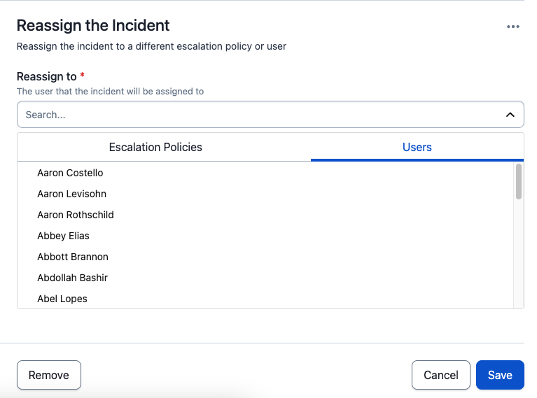 Select an escalation policy or user