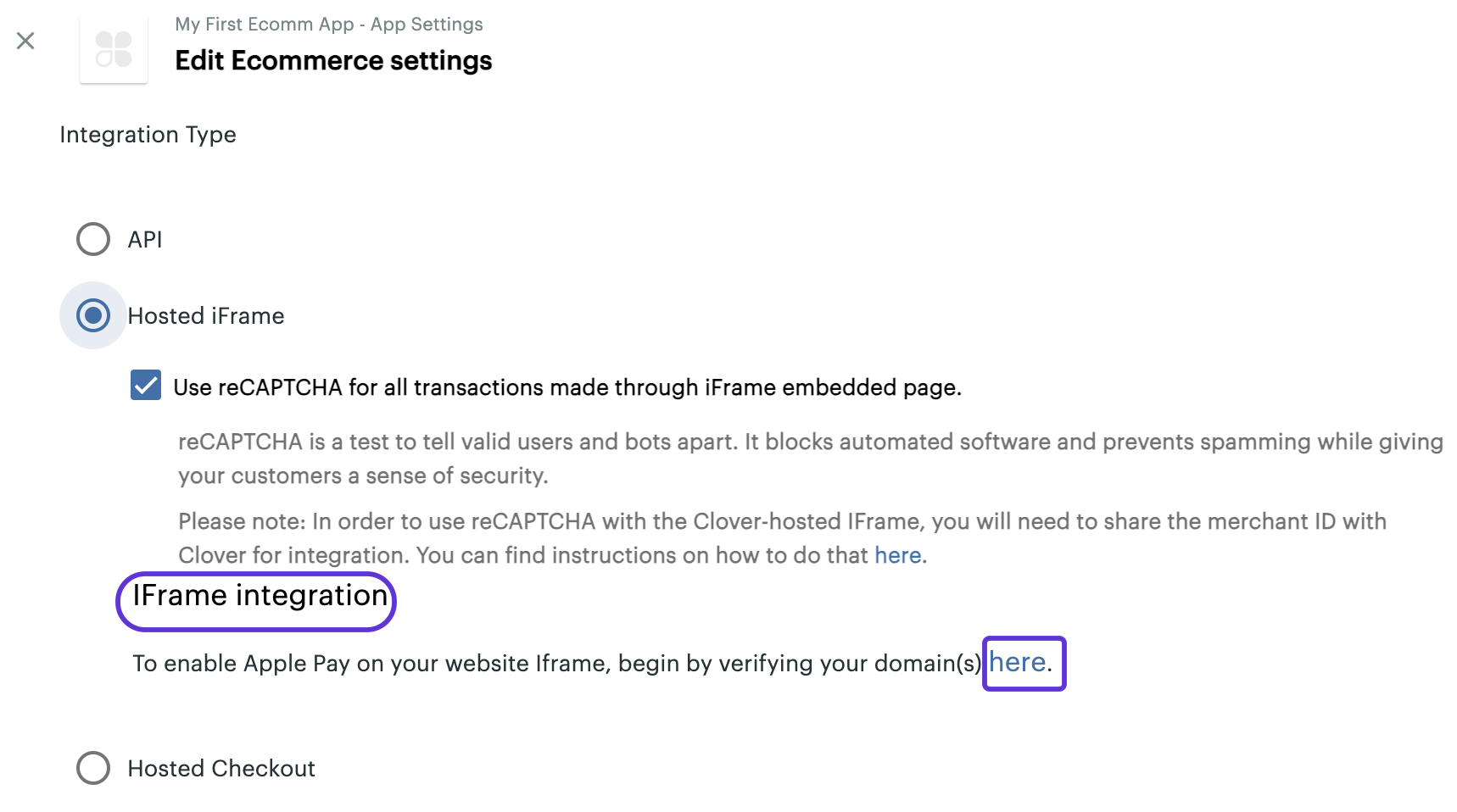 Clover Developer Dashboard: Apple Pay iframe integration domain verification link