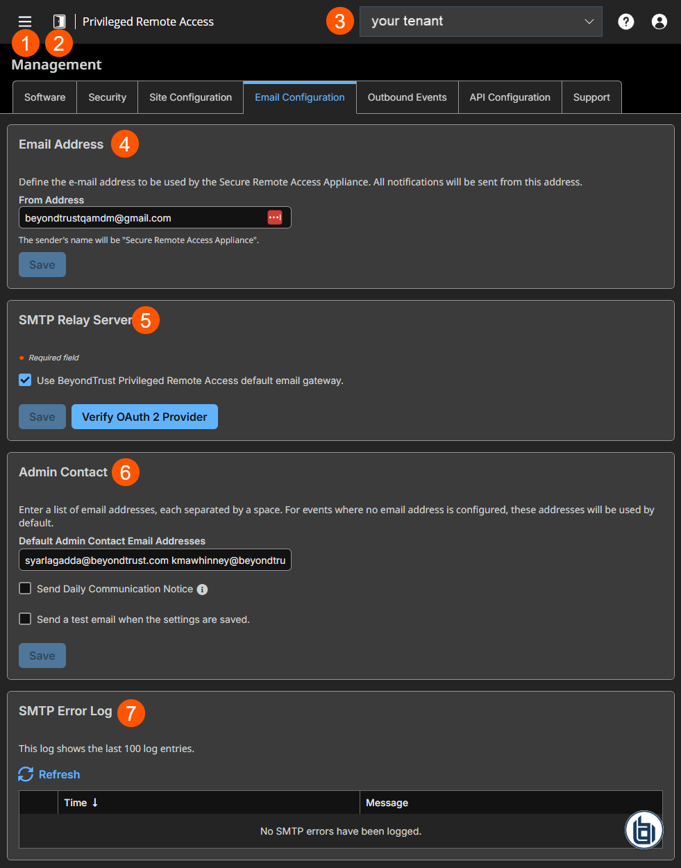 An image of a management interface for configuring email settings in a Privileged Remote Access system. It includes sections for setting the email "From Address," configuring the SMTP Relay Server with fields for server address, port, encryption type, and authentication method, and an Admin Contact section for entering default admin email addresses and notification preferences. Multiple "Save" buttons are present throughout the interface.