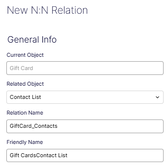 New N:N Relation form showing Current Object, Related Object, Relation Name, and Friendly Name fields