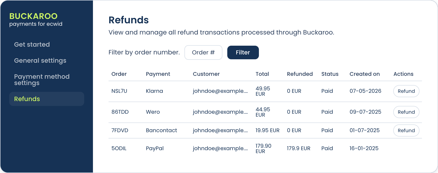 Ecwid refunds screen