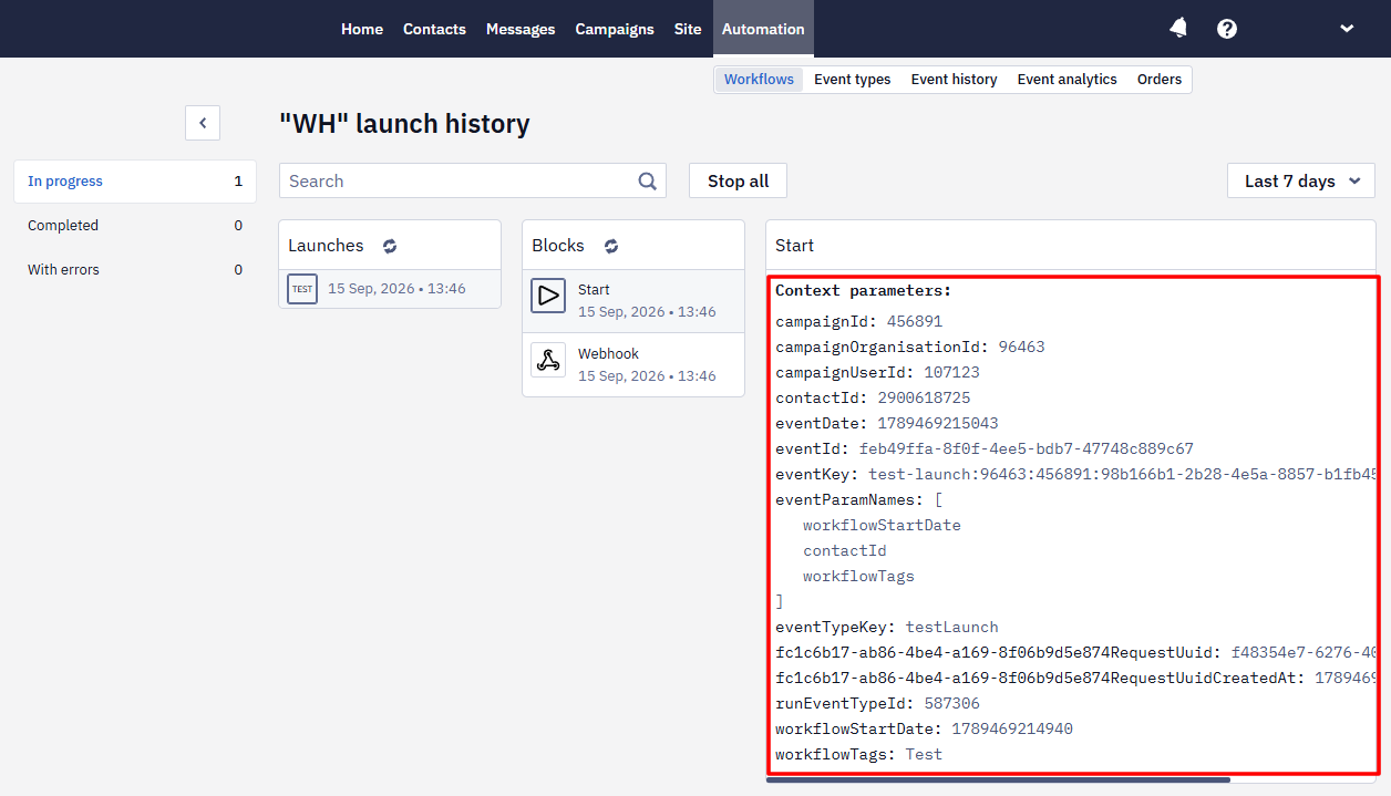 Workflow launch history page showing a webhook block's launch entry, with the Contact parameters panel highlighted on the right
