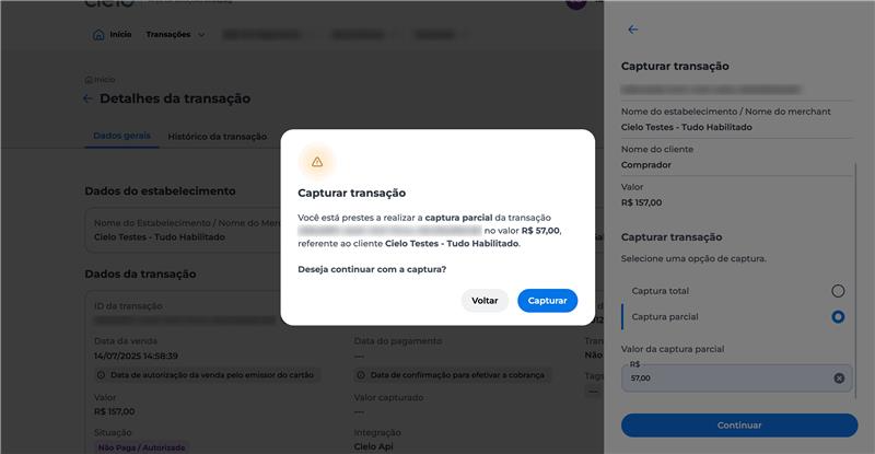 Tela de confirmação visível, solicitando ao usuário que valide a intenção de seguir com a captura da transação. Botões de confirmação estão destacados na interface.