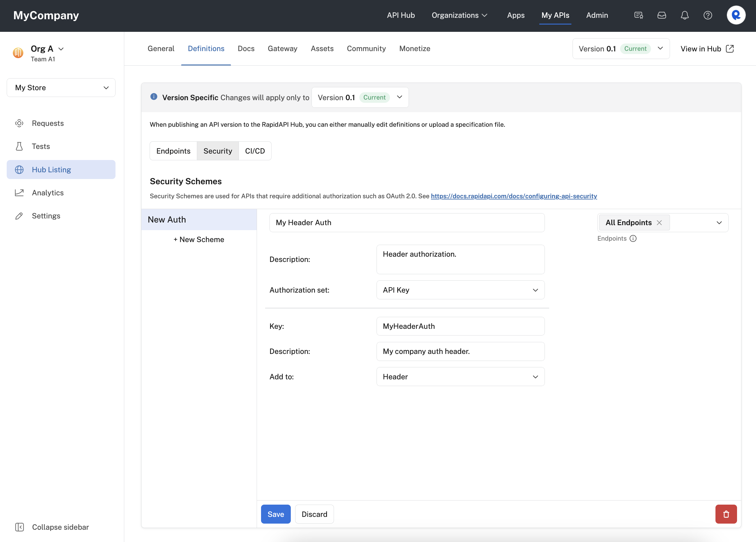 Configuring Header auth for an API.