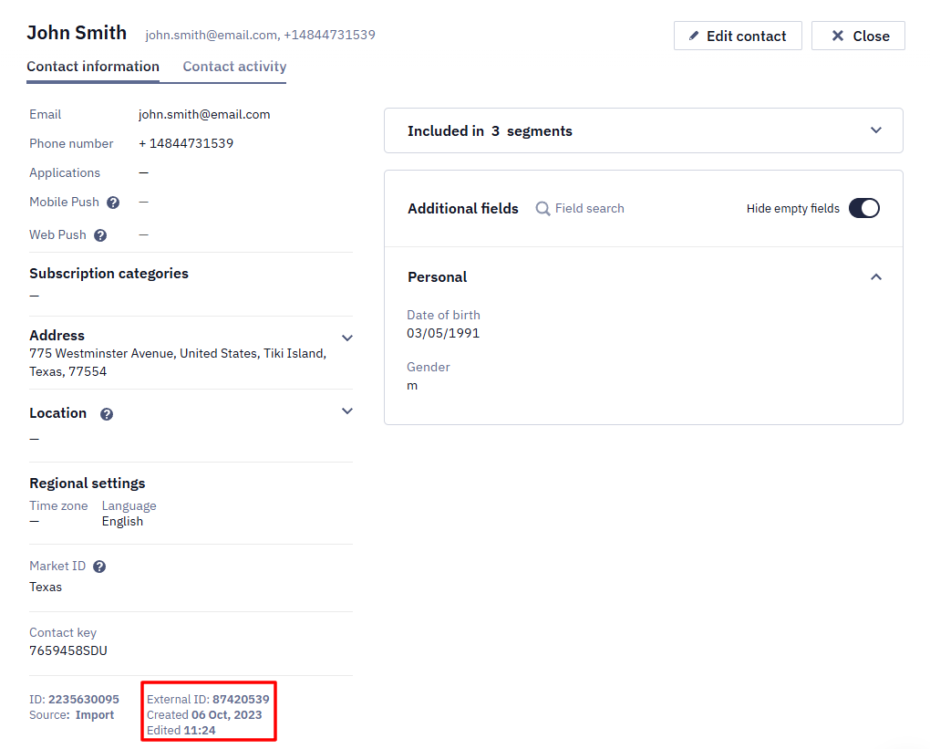 Contact information tab with the External ID field highlighted in a red box