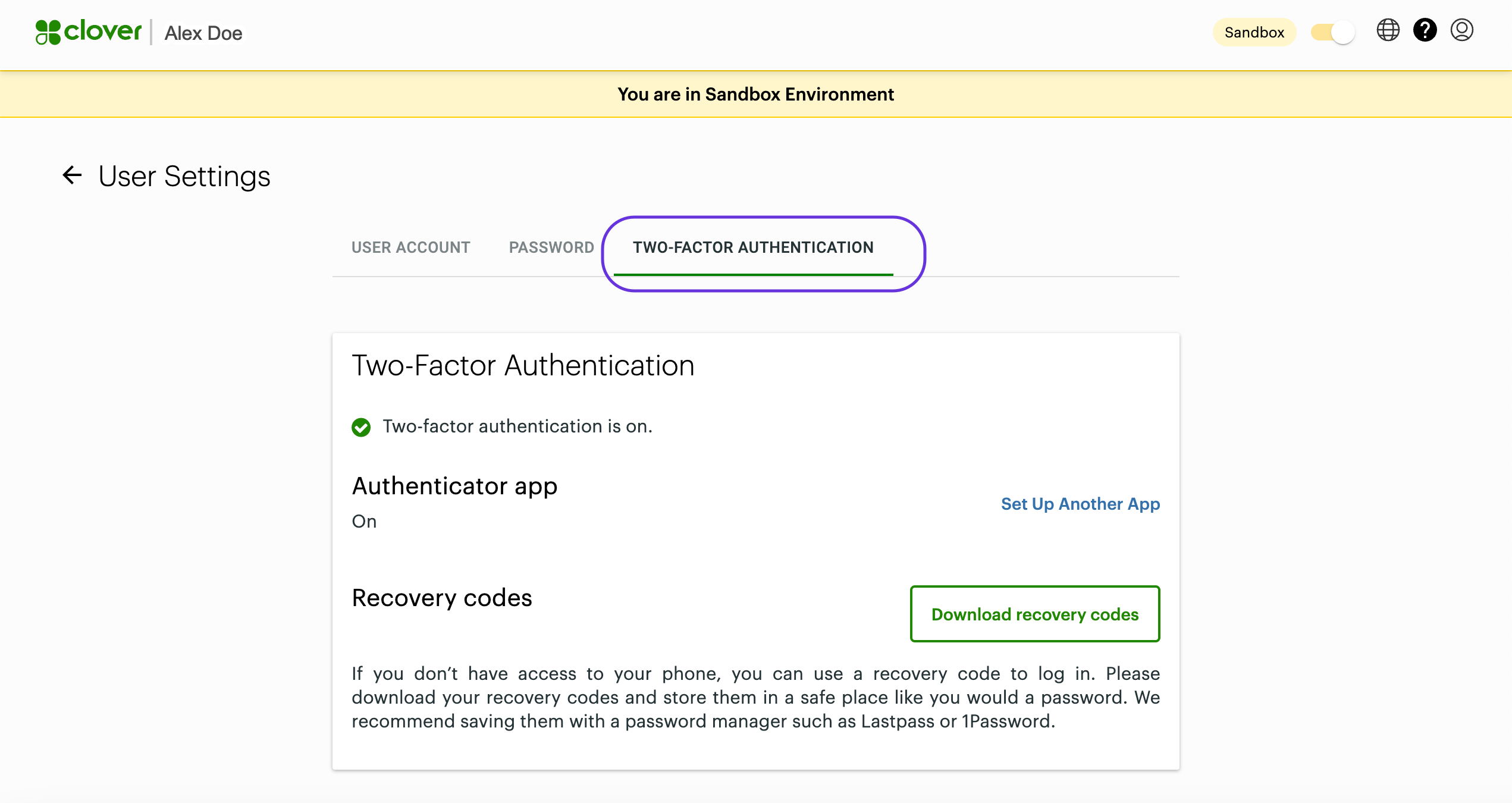 Global Developer Dashboard: User Settings > Two-factor authentication