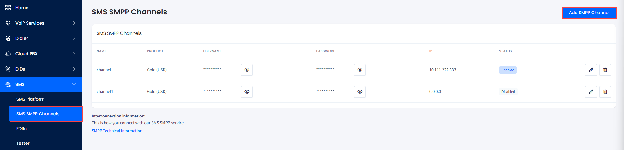 Screenshot of the Add SMPP Channel button