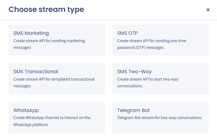 Screenshot of the  stream type options