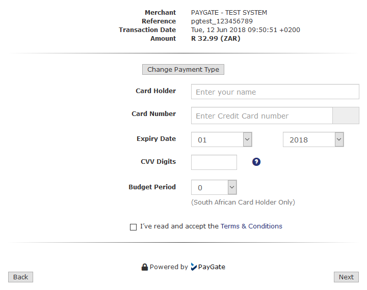 Screenshot of a PayWeb3 credit card payment page showing card input fields