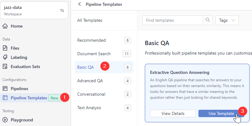 Pipeline templates with a template selected