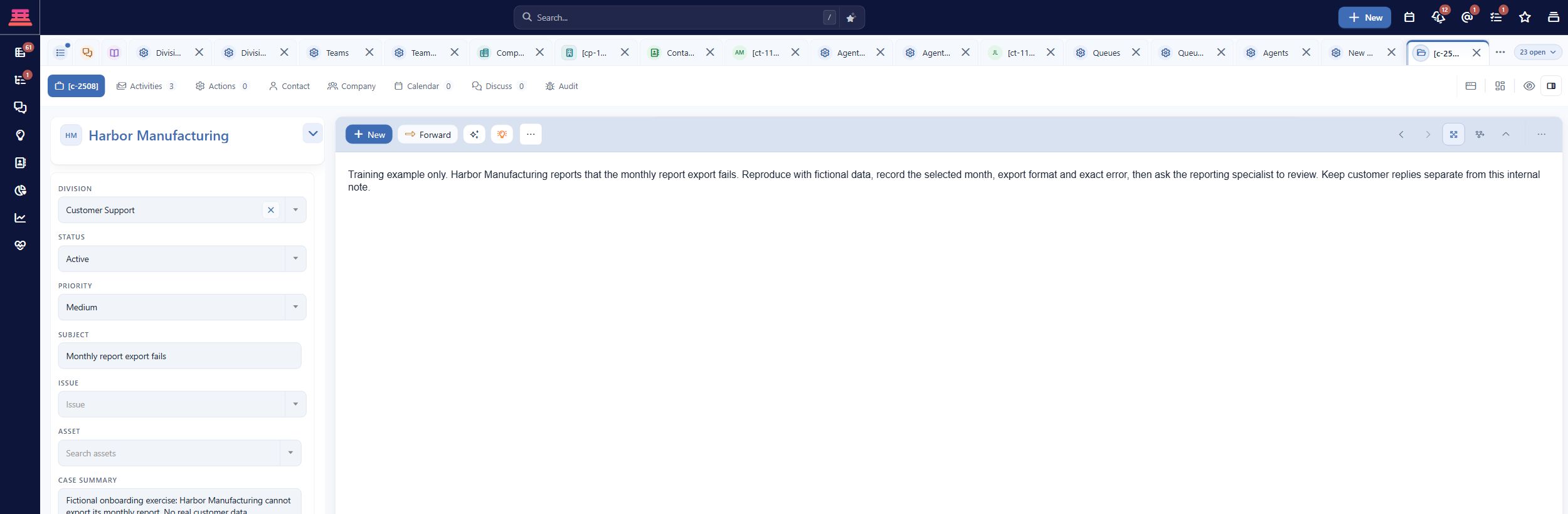 Saved practice case with its internal investigation note. Personal author details are collapsed using the application controls.