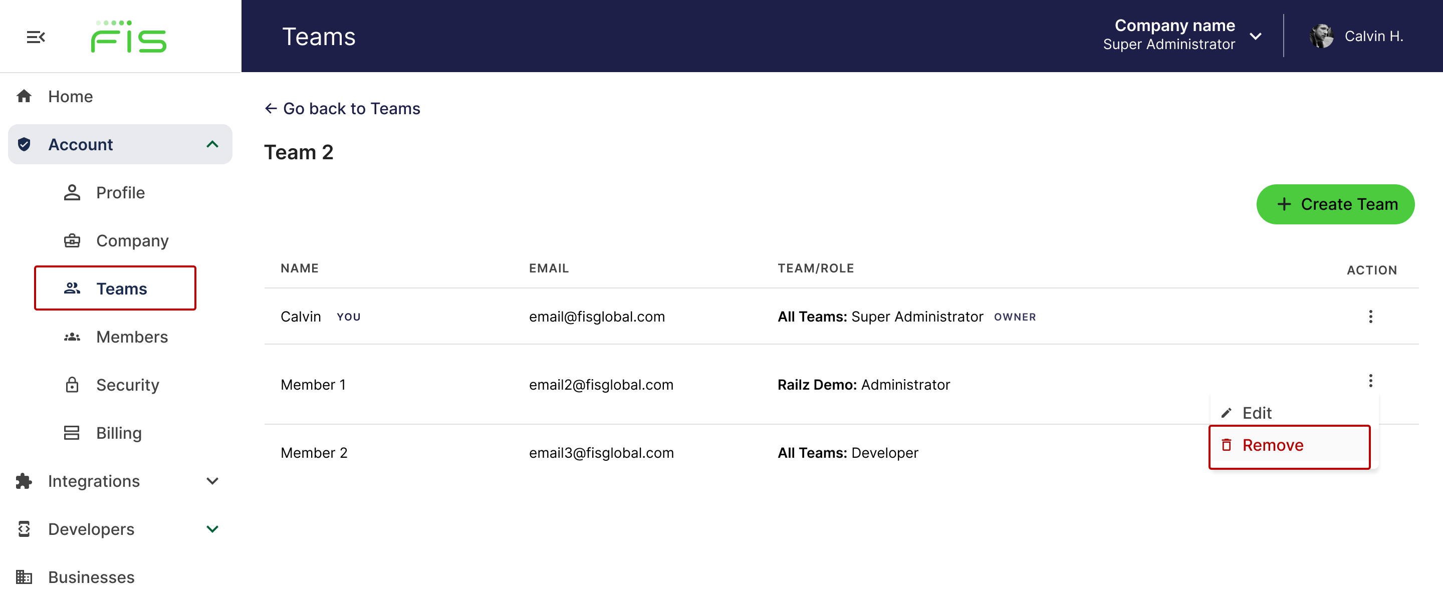 Manage team page in Railz Dashboard. Click to Expand.