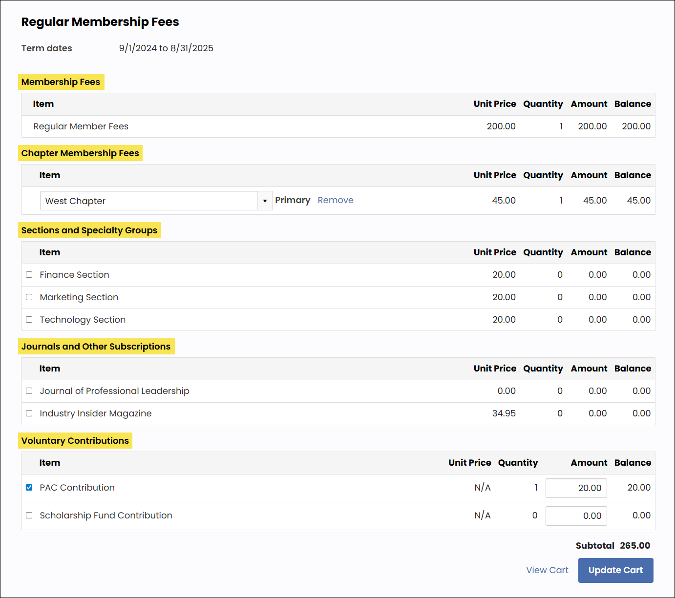 Showing that the membership fee labels appear on the itemized renewal page