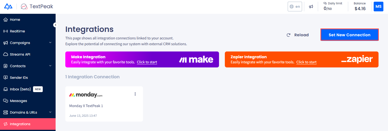 Screenshot of the Integrations page