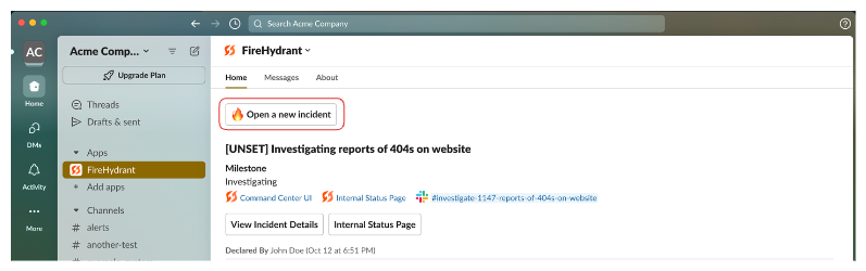 Opening a new incident from the FireHydrant Slack app home tab