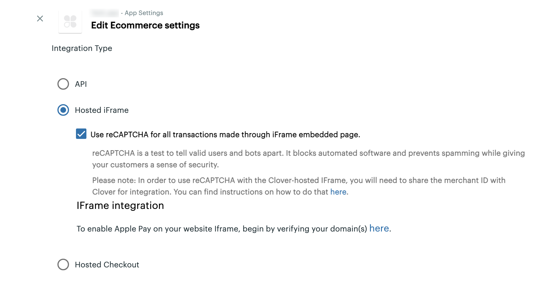 Clover Developer Dashboard: Apple Pay iframe integration domain verification link