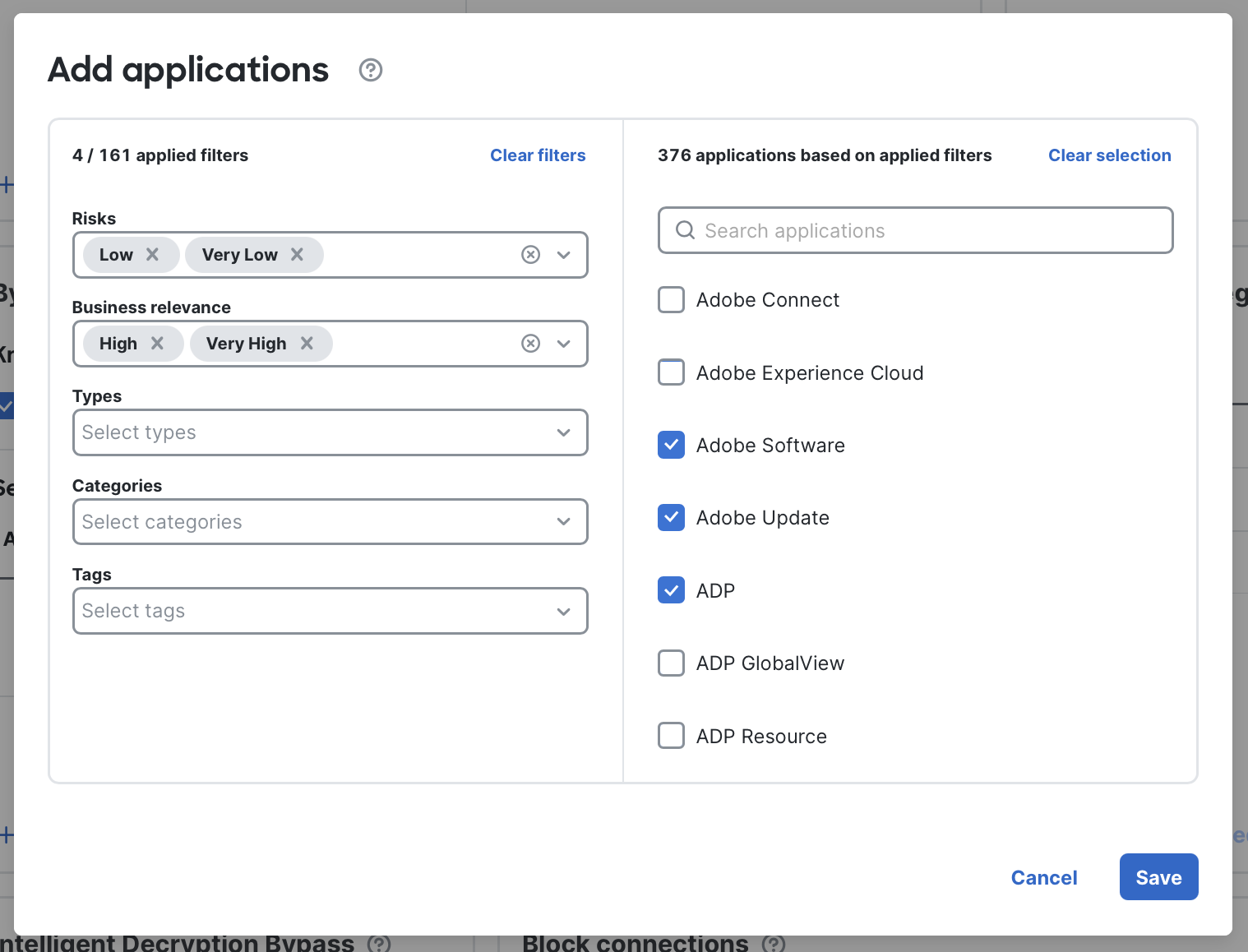 Adding individual applications for bypass