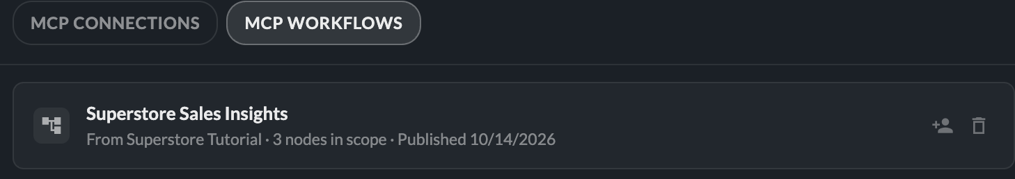 The MCP WORKFLOWS tab with a published MCP workflow card