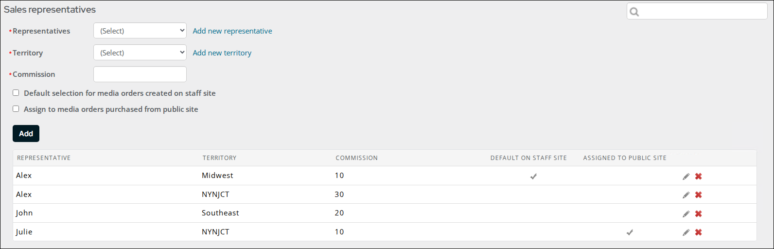 The Sales representatives page.