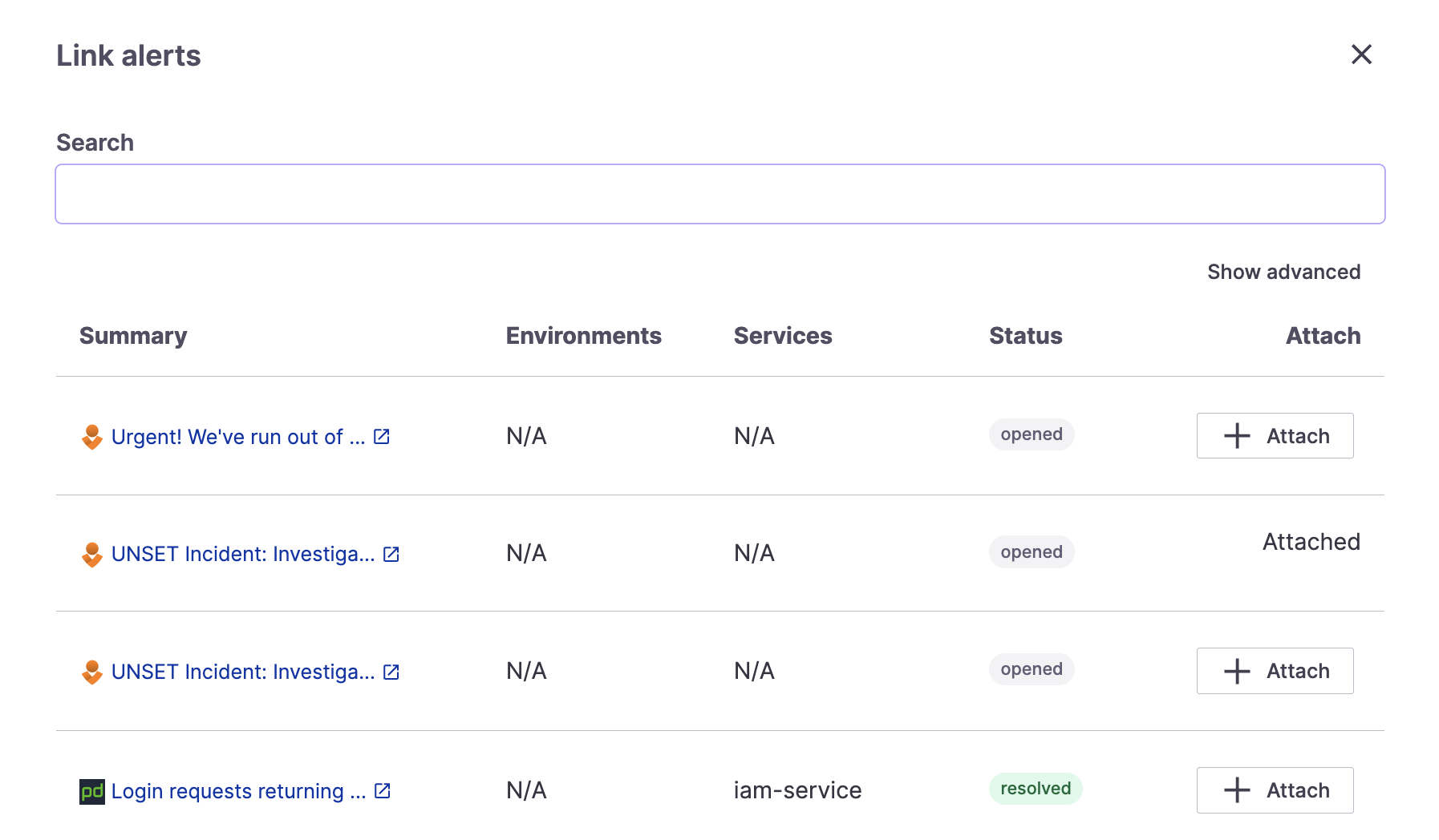 Alert linking modal in Command Center