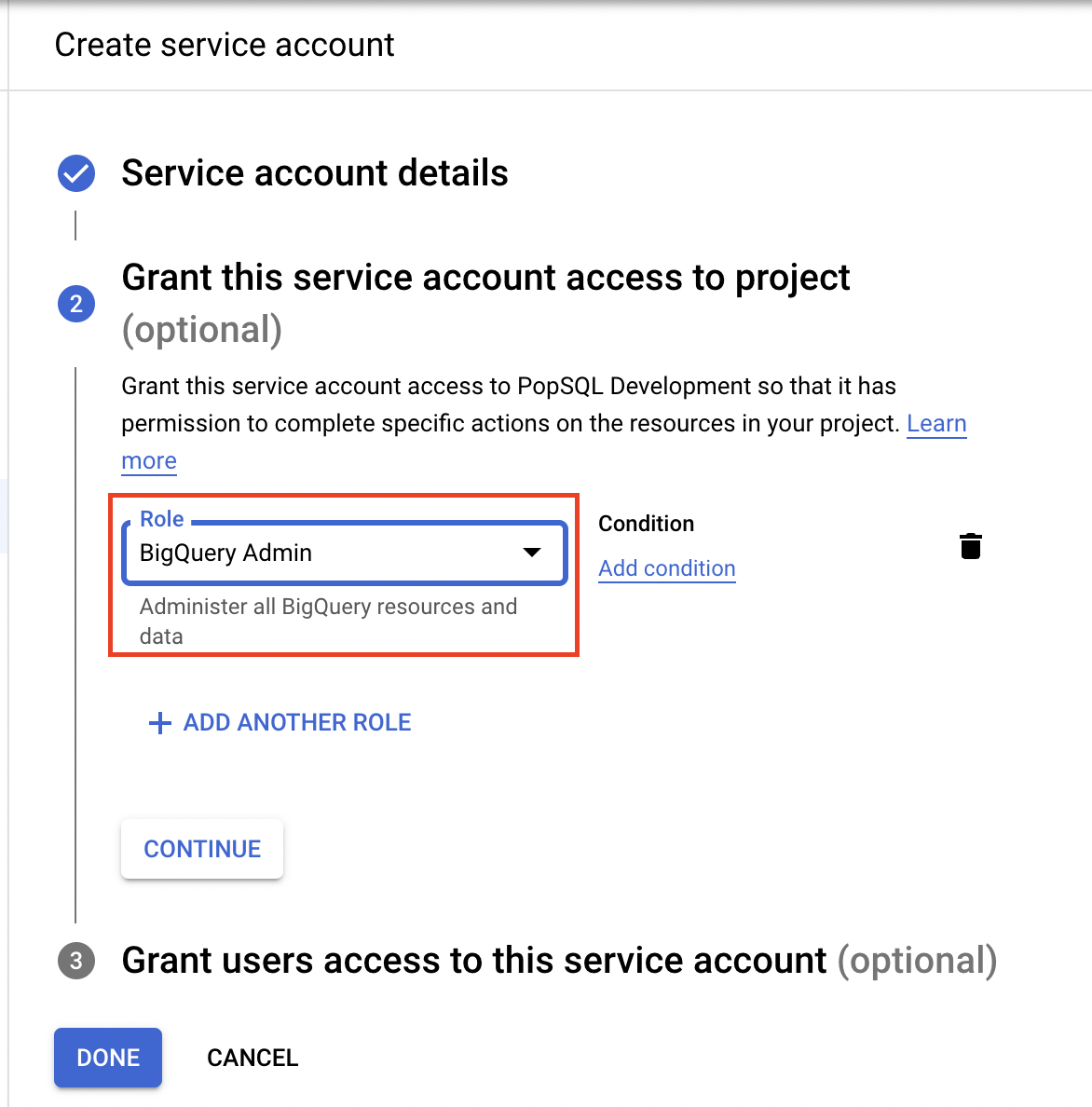 Screenshot of service account access to project