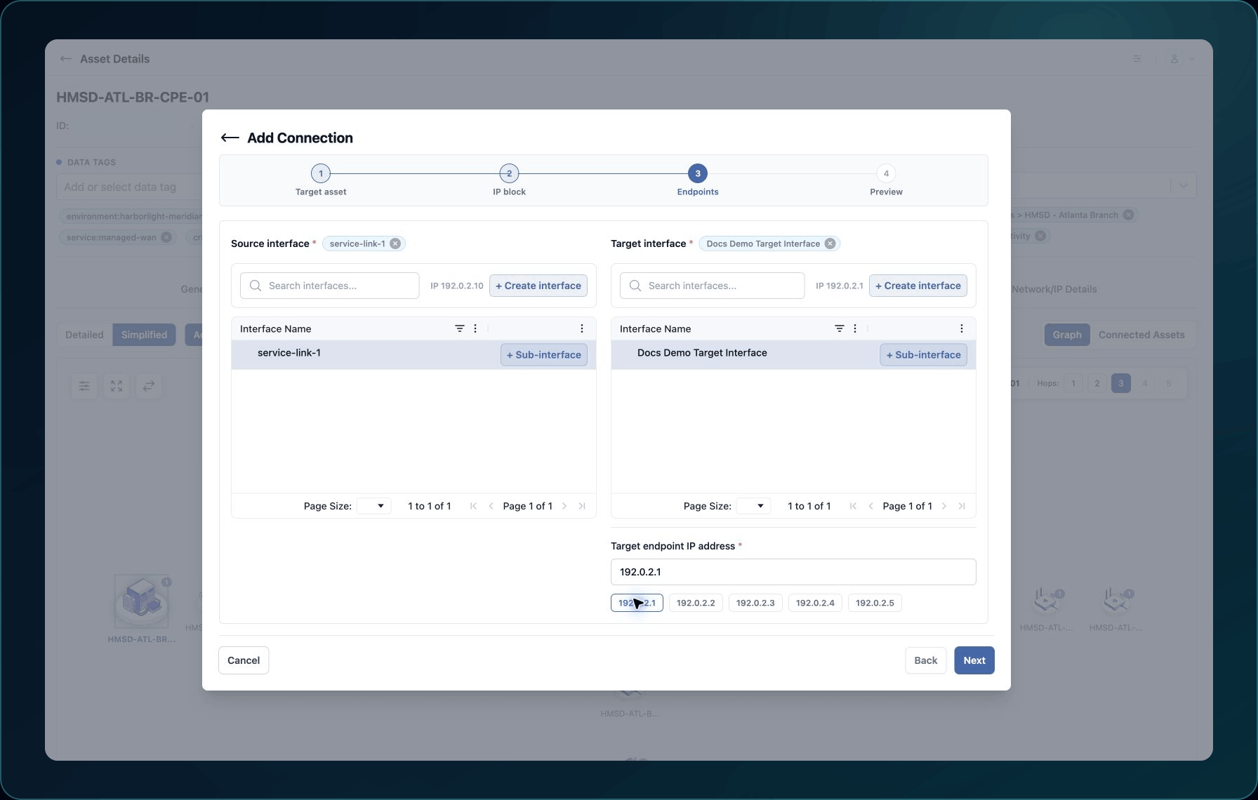 Add Connection endpoint step with example source and target interfaces and reserved IP addresses.