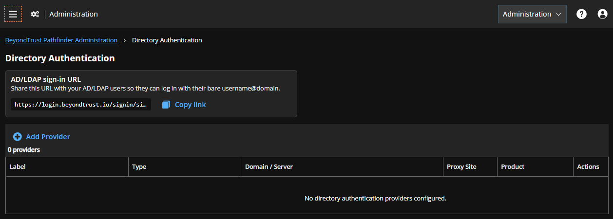 Directory authentication page where you can add a provider