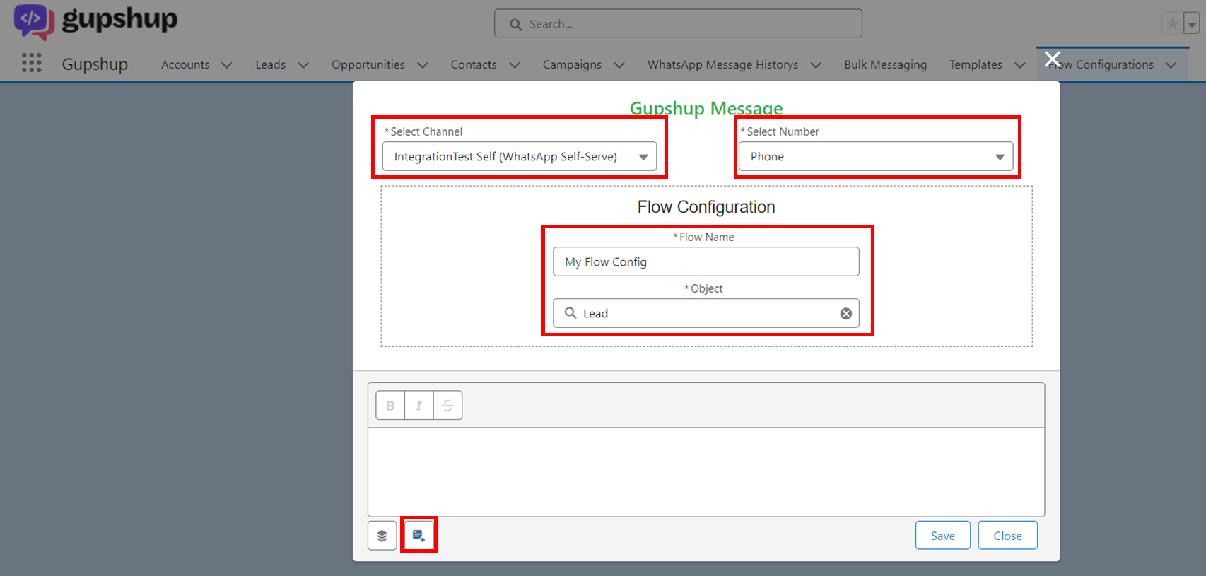 Gupshup flow configuration screen