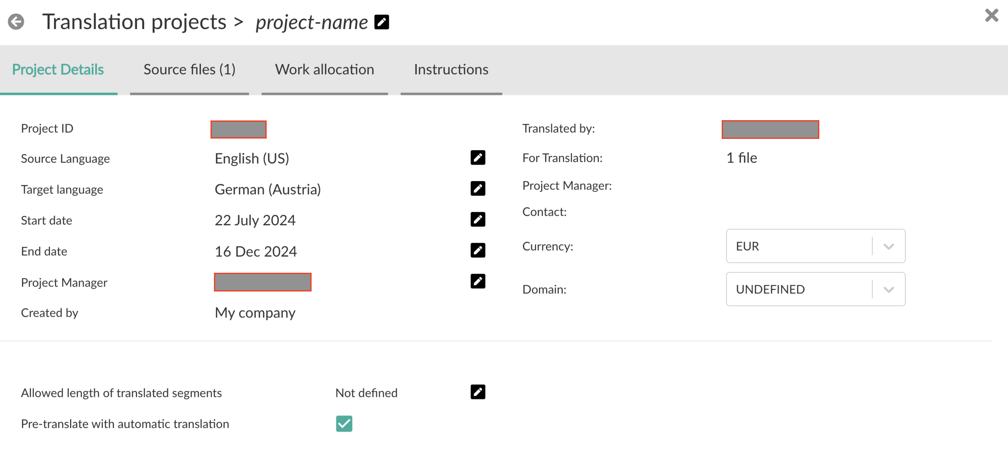 Showing the Project Details on TextUnited Translation Software