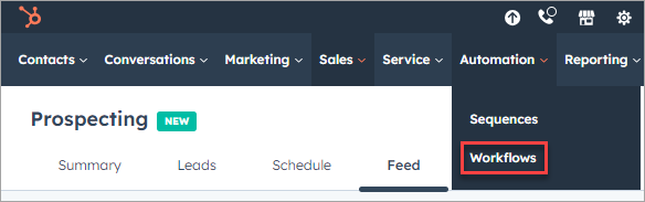 Screenshot of the HubSpot account: **Automation**  > **Workflows** screen 