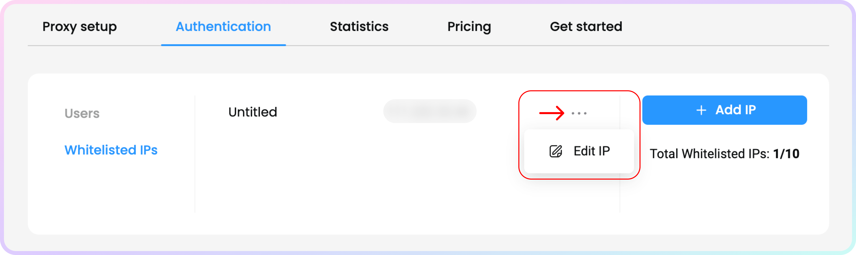 Authentication section – whitelisted IP management.