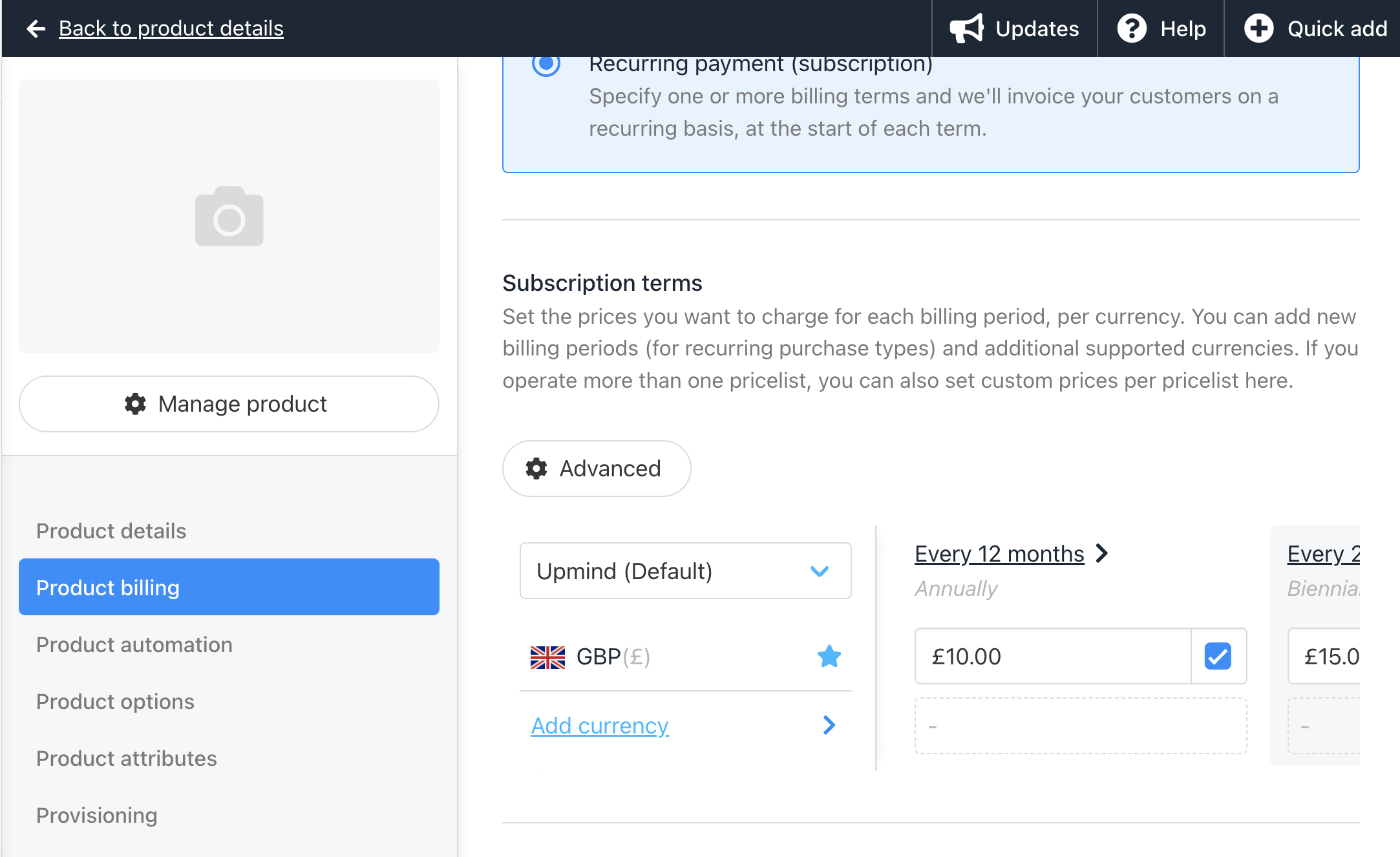 Settings → Product Catalogue → TLD product → Product Billing