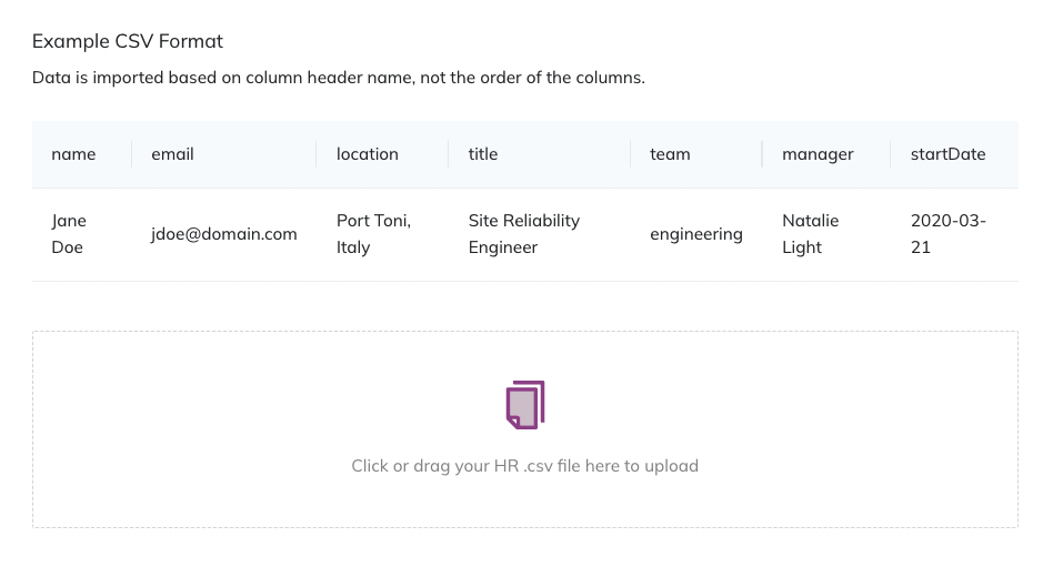 An image depicting an example CSV with column names and cell formatting