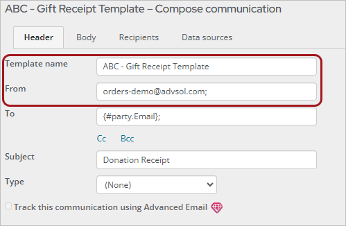 Communication header tab with box around template name and from fields