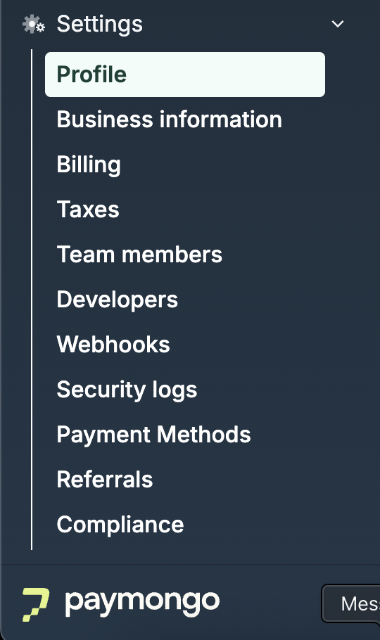 PayMongo dashboard Settings sidebar navigation menu