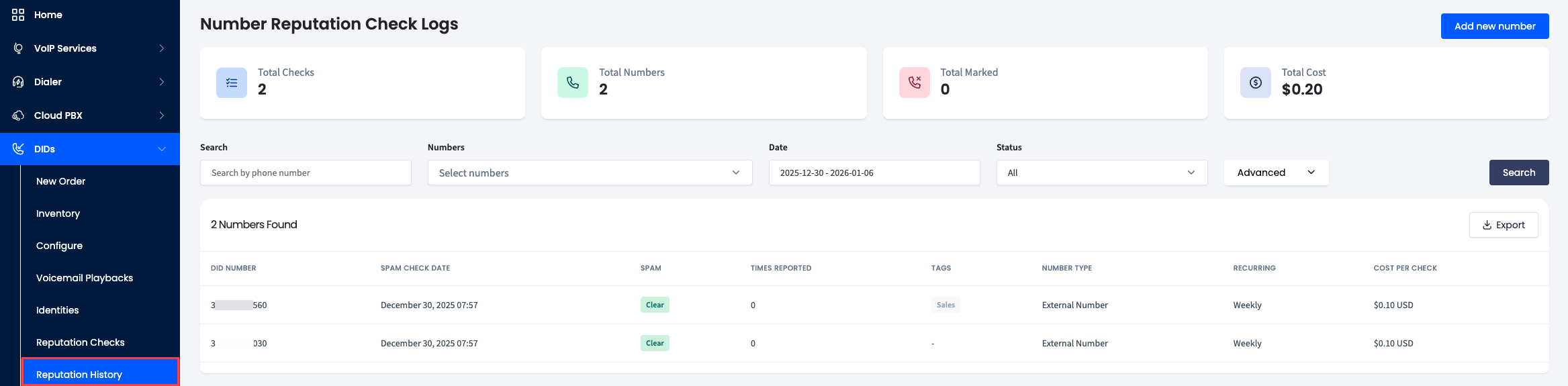 Screenshot of the Number Reputation Check Logs dashboard