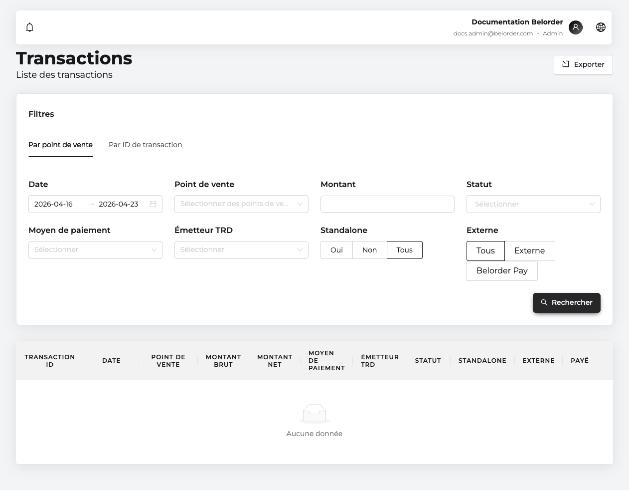 Page Transactions dans Belorder, accessible via le menu Finance