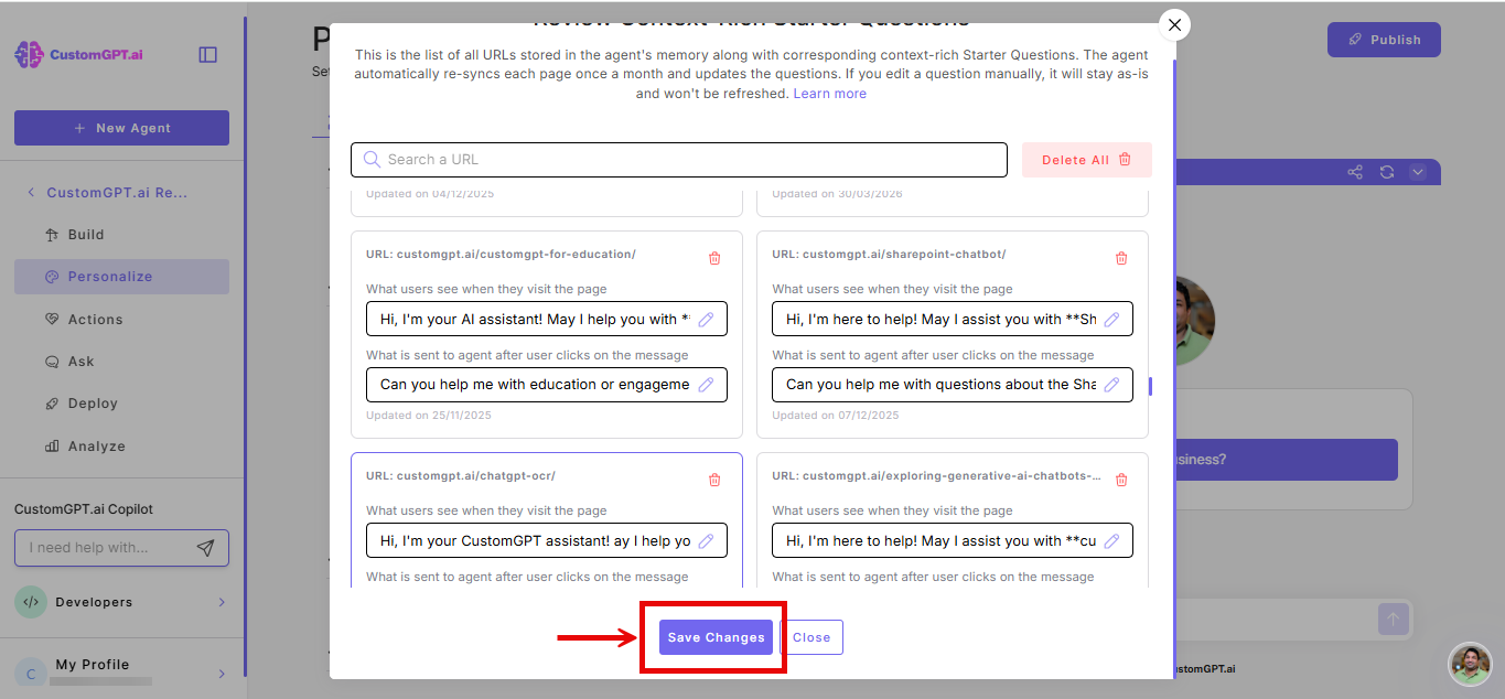 save changes button on the review context-rich starter questions pop-up window