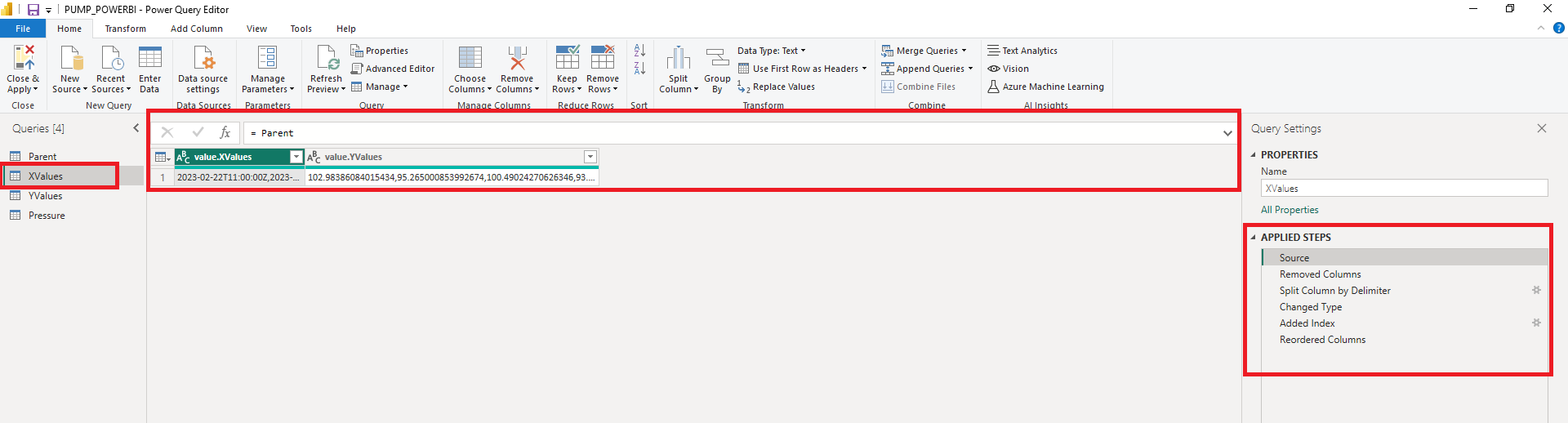 Applied settings for creating a 'XValues' table 