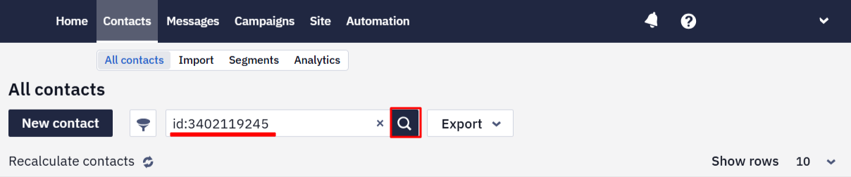 Search field with email, phone, name, ID, and external ID search options